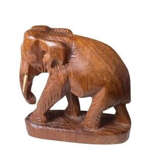 Vintage Hand Carved Teakwood Elephant Sculpture Tusks on Base 4 x 4"